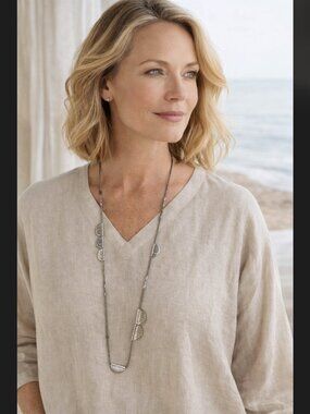 J Jill Silver Hammered Necklace Long 36" Beaded Half Circle Artisan Boho Resort